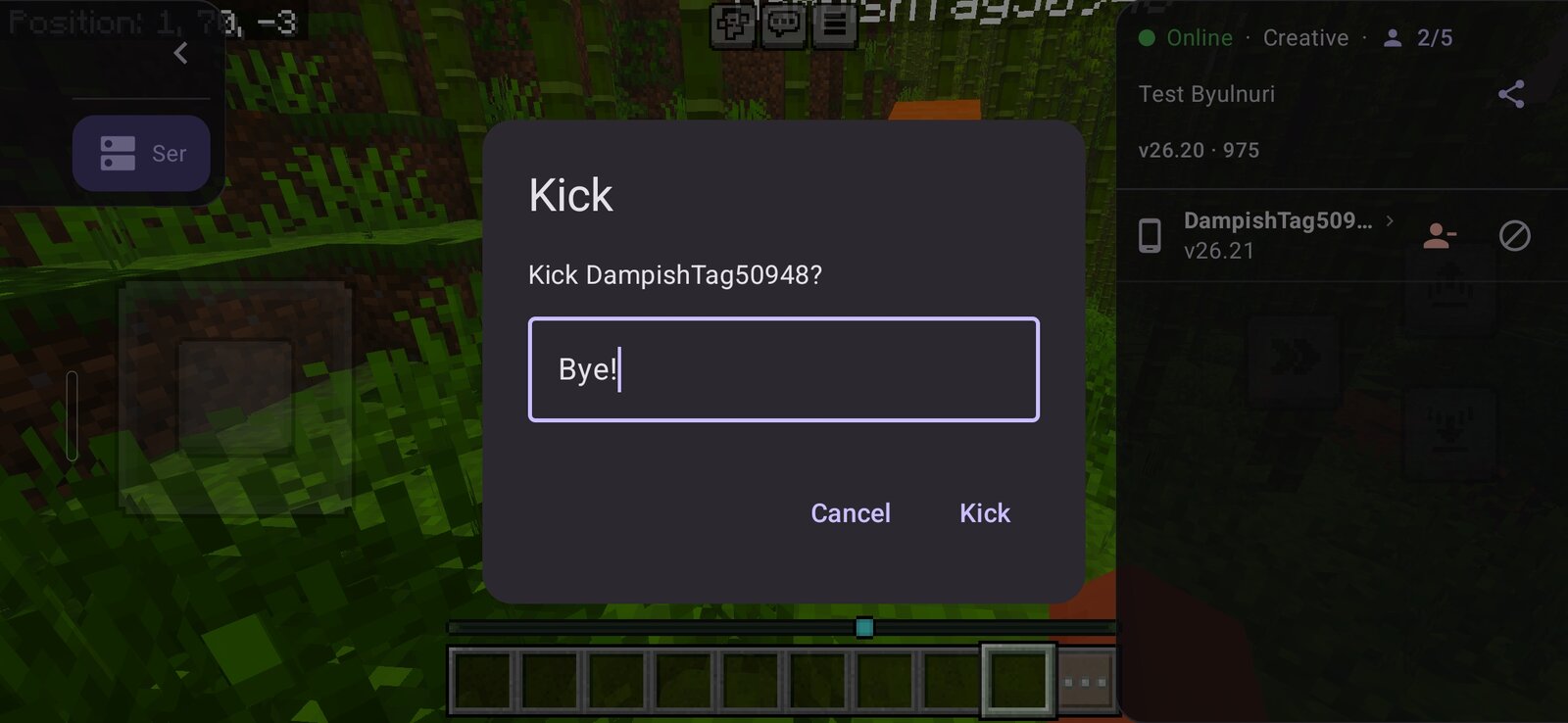 In-game moderation panel kicking a player with a reason